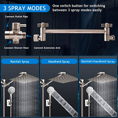 Shower Head Combo,10" Brushed Nickel High Pressure with 11" Extension Arm | Rain Shower Head with 5 Settings Handheld Shower Head Combo,Powerful Shower Spray Against Low Pressure Water - color: Nickel, size: 10" Showerhead Set