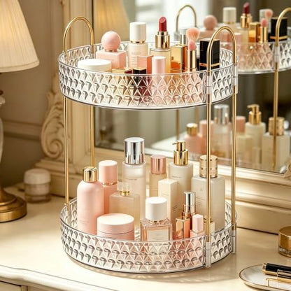 360° Rotating Makeup Organizer, 2-Tier Large Capacity Cosmetic Storage Rack for Bathroom Countertop & Vanity, Clear Acrylic Holder for Skincare, Perfume & Beauty Essentials