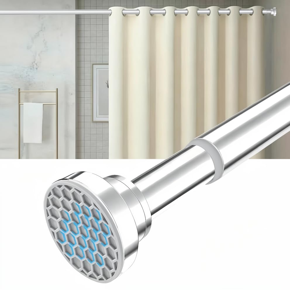 Silver Shower Curtain Rod Adjustable 30-74 Inch, 7/8"Diameter 304 Stainless Steel Never Rust Non Slip Heavy Duty Tension Rod, No-Drill Spring Curtain Rod for Bathroom Kitchen - color: Silver, size: 30-74 Inch