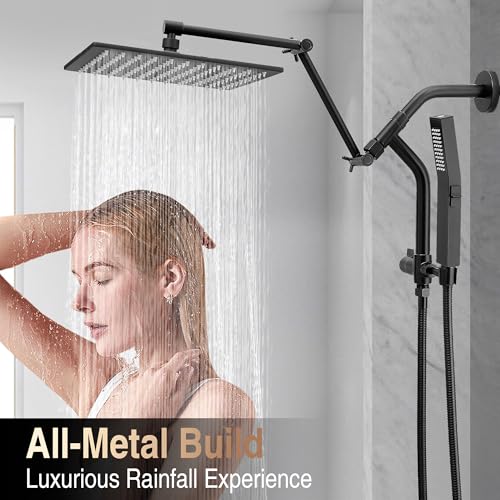 All Metal 10 Inch Rain Shower Head with Handheld Built-in Power Wash Mode, High Pressure Waterfall Rainfall Square Shower Heads with 16" Adjustable Extension Arm, Dual Showerhead, Matte Black - color: Matte Black, size: 10 Inch