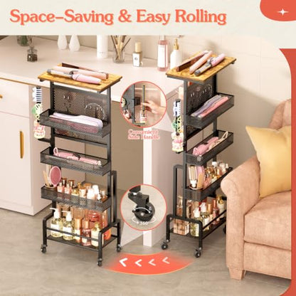 VINAEMO Hair Tool Organizer Cart, Slim Rolling Hair Dryer Holder for Vanity Bathroom Salon, Hot Tool Storage Cart with Heat Resistant Basket for Curling Flat Iron, Blow Dryer Care & Styling Tools