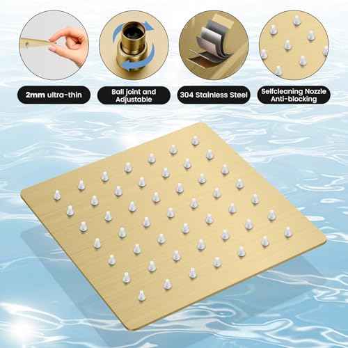 gotonovo Shower Faucet Set Push Button 10+6 Inch Dual Head Brushed Gold | Rain Dual Shower Head System with Handheld Spray for Couple,Push Button Diverter,High Pressure Valve Trim Kit,All Metal - color: Gold, size: 10+6 Inch Dual Head