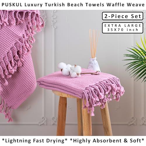 PÜSKÜL 2-Piece Luxury Natural 100% Turkish Cotton Beach Towels Waffle Weave | Light Pink, Oversize 35x70" Bath Sheet Towel Lightweight Soft Absorbent Quick-Dry Sand-Free Peshtemal Oeko-Tex Made in Turkey - color: Light Pink
