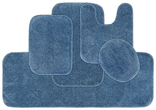 Garland Rug Traditional Nylon Washable Basin Blue 5 Piece Set - Lid, Contour, 3 Bath Rugs - Soft, Absorbent, and Stylish for Your Bathroom - color: Basin Blue, size: 5 Piece Set - Lid, Contour, 3 Bath Rugs