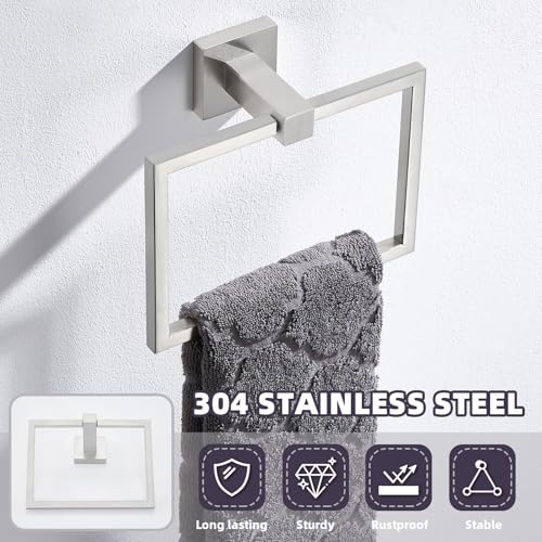 Square Towel Ring for Bathroom, Brushed Nickel, 304 Stainless Steel | 180° Swivel Towel Holder, Easy Towel Access, Spacious 6.3" Inner Ring, Easy Drilling Wall Mounted for Sink Vanity Kitchen - color: Brushed Nickel