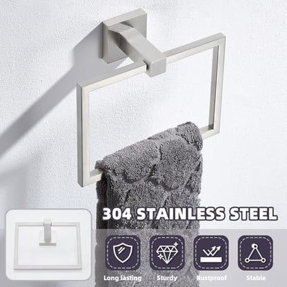 Square Towel Ring for Bathroom, Brushed Nickel, 304 Stainless Steel | 180° Swivel Towel Holder, Easy Towel Access, Spacious 6.3" Inner Ring, Easy Drilling Wall Mounted for Sink Vanity Kitchen - color: Brushed Nickel