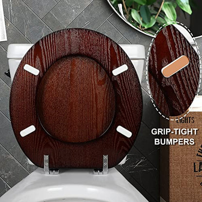 Angel Shield Durable Wood Veneer Natural Toilet Seat Metal Hinged Easy Clean Anti-scratch American Standard(Round,Dark Walnut) - color: Dark Walnut, size: Round-16.5”