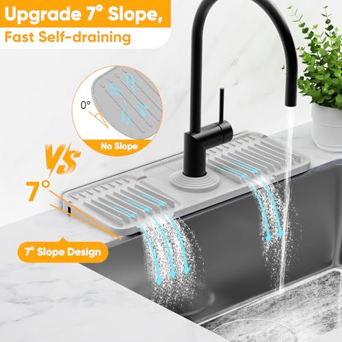 14.6 inch Faucet Mat for Kitchen Sink Splash Guard[7° Slope Fast Self-draining][Snap Lock Fit]Kitchen Sink Faucet Mat Splash Guard Kitchen Sink Area Water Splash Guard Behind Faucet Draining Mat - color: Light Gray, size: 14.6" x 5.5"
