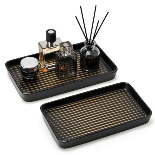 Bathroom Vanity Tray for Countertop,2PC Rectangle Striped Tray,Decorative Bathroom Organizer for Scrubber, Lotion Bottles, Perfume, Jewelry, Candle, Key Trinket Ring(Large,Black) - color: Black Color With Golden Stripes-2 Pcs Large