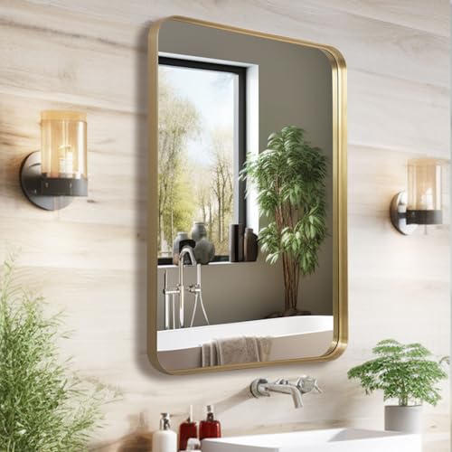 Anpark Wall Mirror 22" x 30" for Bathroom, Gold Metal Deep Frame, Rectangular Round Corner, Mounted Vanity Mirror for Bedroom, Living Room, Entryway Decor - color: Gold, size: 30"L x 22"W