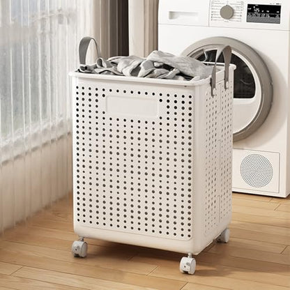 Slim Rolling Laundry Basket with Wheels Plastic Foldable Dirty Clothes Hamper Large Capacity Breathable Mesh Laundry Bin with Leather Handles for Narrow Space Bathroom White M