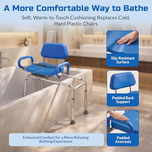 Carousel Sliding Shower Chair Tub Transfer Bench with Swivel Seat Elderly | Slide Safely In & Out of the Tub - Blue, padded seat, padded armrests, swivel seat, backrest, portable, tool-free assembly - color: Blue