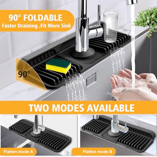 14.6-Inch Kitchen Sink Splash Guard Mat | 7° Slope for Fast Self-Draining | Snap-Lock Design | Universal & Cuttable Silicone Faucet Mat BLACK - color: Black, size: 14.6" x 5.5"