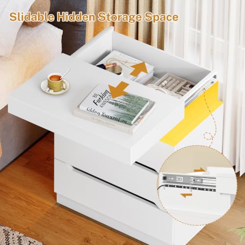 Night Stand with 3 Drawers, Nightstand with App-Controlled Adjustable LED Light, Bedside Table with Slidable Hidden Storage Space, Modern Nightstands for Bedroom,White - color: Unbzx032wd-zf