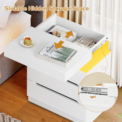 Night Stand with 3 Drawers, Nightstand with App-Controlled Adjustable LED Light, Bedside Table with Slidable Hidden Storage Space, Modern Nightstands for Bedroom,White - color: Unbzx032wd-zf