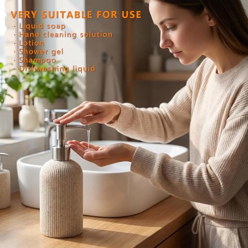 Hand Soap Dispenser with Brushed Metal Pump – Sandstone Resin, Farmhouse Decor for Bathroom & Kitchen, Rust Proof, Sand Beige, 9.5oz