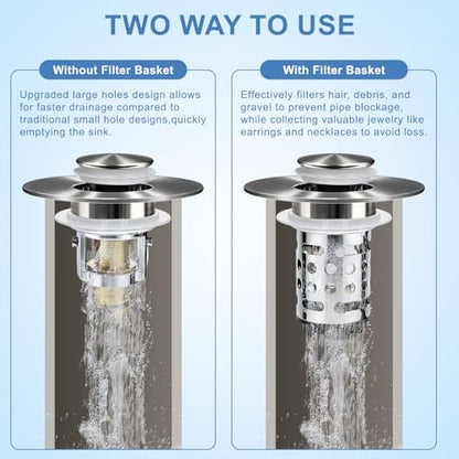 Upgraded 3 in 1 Bathroom Sink Drain Strainer, Universal Pop Up Stopper with Removable Stainless Steel Filter Basket Hair Catcher, Sink Plug for 1.1''~2.36'' Basin, Brushed Nickel Finish (1PC) - style: Brushed Nickel Finish (1PCS)