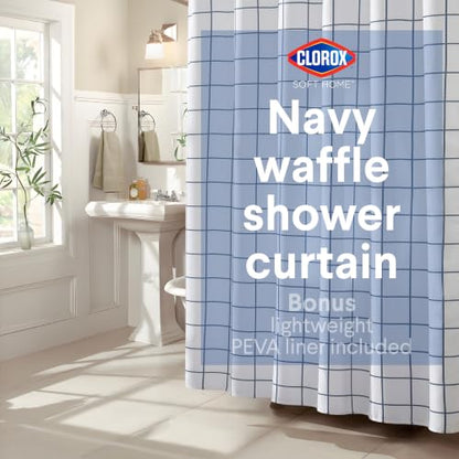 Clorox Bathroom Waffle Windowpane Pattern Shower Curtain with Waterproof Lightweight PEVA Liner Set, Standard Size, Metal Grommets, No Hooks 72" x 72" - 2 Pc Set - Navy Blue w Frosty PEVA - color: Navy Waffle Windowpane - Standard