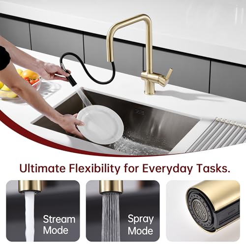 SUMERAIN Pull Out Kitchen Faucet with Dual Sprayer Mode, Brushed Gold | Single Hole, Stainless Steel, Modern Sink Faucet, Single Handle, 360° Swivel Spout, Easy Installation - color: Brushed Gold