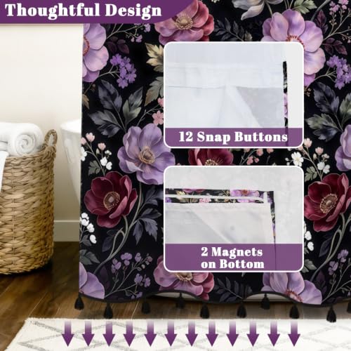 Moody Floral Shower Curtain with Snap in Liner & Tassels, 71Wx77L | No Hook Needed, Double Layer Waterproof Fabric with Mesh Top, Dark Botanical Flower Design for Modern Bohemian Style Bathroom - color: Noble Flowers