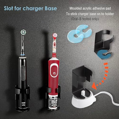 All Metal Electric Toothbrush Holder for Bathroom - Wall Mounted with Nano Adhesive - Slot for Sonicare Oral-B Tooth Brush Charger Base - 2 Pack- (Matte Black) - color: Black-2pcs