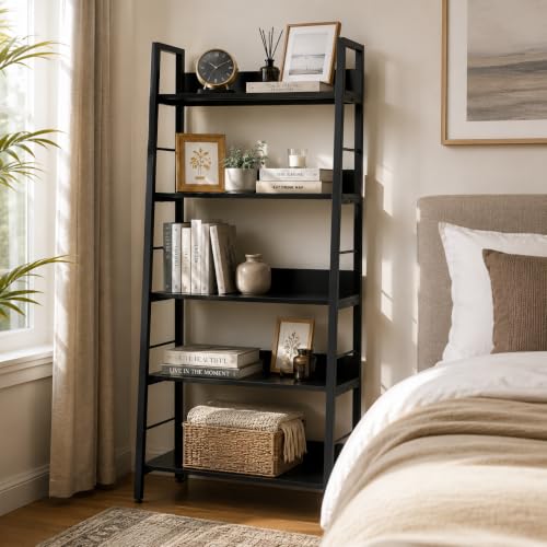 BATHWA 5 Tier Book Shelf, Rustic Industrial Ladder Bookshelf Wood Metal, Dark Brown Farmhouse 28'' Wide 59''Tall Ladder Shelf Living Room, Bedroom, Home Office - color: Espresso, size: 1pack-59"H x 27.7"W x 13.8"D