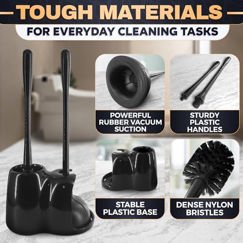 Toilet Brush and Plunger Set, Rubber, 15.2 Inch (Black) | Toilet Bowl Brush, Holder and Plunger, Easy to Place and Simple to Store After Use, Compact Accessory for Small Spaces - color: Black With Plunger