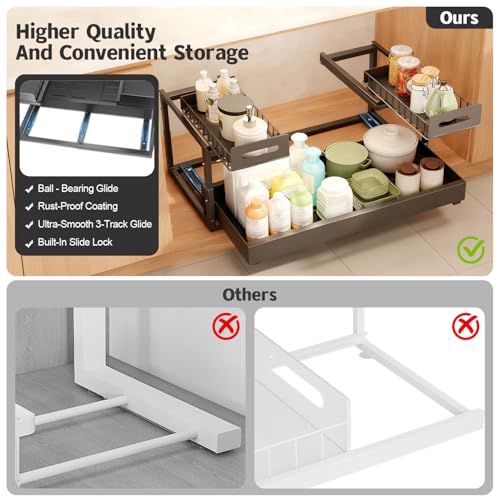 Expandable under cabinet organizer, 2-Tier under sink organizer with Reinforced Ball-Bearing slide rail, Slide-Out sink Shelf Height Adjustable, Durable and rust-proof for Kitchen & Bathroom