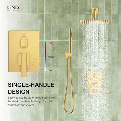 KENES Brushed Gold Square Rainfall Shower System Faucet Set with Handheld | Shower Faucet with 10-Inch Rain Shower Head, Square Shower System, Valve Included, Lead-Free cUPC & NSF Certified, Stainless - color: Brushed Gold, style: Showerhead and Handheld