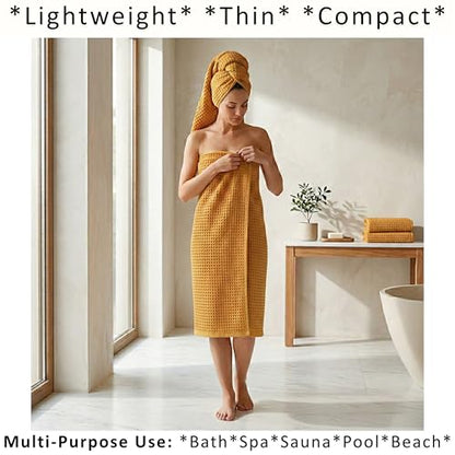PÜSKÜL 2-Piece Natural 100% Turkish Cotton Waffle Bath Towels Extra-Large | Mustard, 32x63" Bath Sheet Towel, Light Soft Absorbent Quick-Dry Lint-Free Premium Honeycomb Weave Oeko-Tex Made in Turkiye - color: Mustrad Yellow, size: Bath Towels - Pack of 2