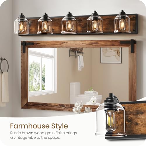 5-Light Bathroom Fixture, 39.8" Large Farmhouse Vanity Light, E26 Base (Bulbs Not Included), Thickened Glass Shade, for Bathroom, Bedroom, Vanity, Hallway, Rustic Brown and Black F21BD05 - size: 5-Light