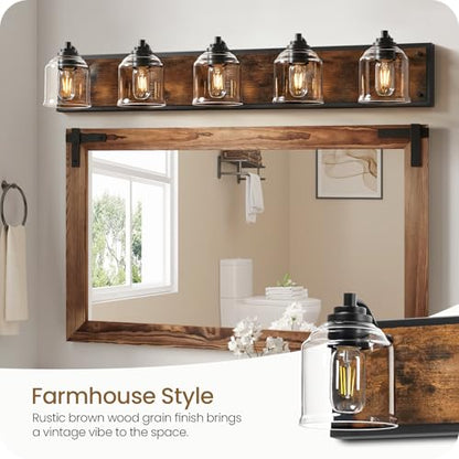 5-Light Bathroom Fixture, 39.8" Large Farmhouse Vanity Light, E26 Base (Bulbs Not Included), Thickened Glass Shade, for Bathroom, Bedroom, Vanity, Hallway, Rustic Brown and Black F21BD05 - size: 5-Light
