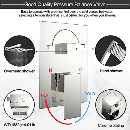 Chrome Rain Shower System Faucet Set with Handheld, 10 inch | Solid Metal Wall Mount Rainfall Shower Set with Safe Anti-Scald Valve, Air Injection High Pressure Water Saving Combo - color: Polished Chrome, style: 10in without Tub spout