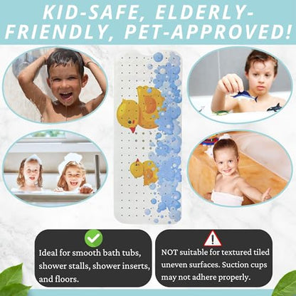 ENKOSI Non-Slip Bath & Shower Mat 40x16 Extra Long, Suction & Drain Holes | Fun rubber duck print for kids; Durable PVC; 40x16 in, Duck - color: Duck Print