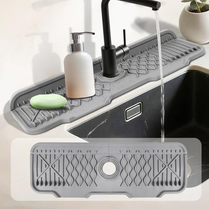 17 Inch Faucet Mat For Kitchen Sink Splash Guard Behind Faucet, ，5°Slope Fast Draining Silicone Mat , Dish Soap Sponge Holder for Bathroom Sink kitchen sink organizer (Grey, 17" x 6") - color: Gray