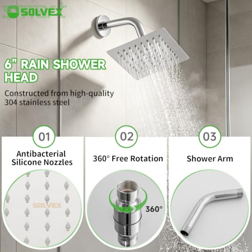 SOLVEX Shower Faucet Set with Valve Rain Shower System Head Stainless Steel Wall Mount Single Handle Shower Trim Kit 6 Inch High Pressure Shower Head Chrome SP-90103 - color: Chrome