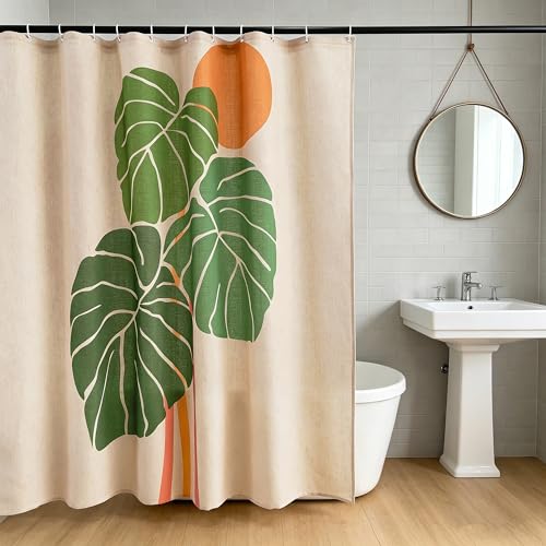 Monstera deliciosa Linen Shower Curtain Set with Liner,72" Wx72 L | Double Layer Shower Curtain Waterproof Fabric with Zippered Removable PEVA Liner,Boho Shower Curtain for Bathroom,Free Hooks - color: Pink Monstera
