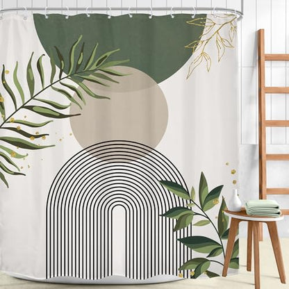 Sage Green Boho Abstract Gold Leav Leaves Bathroom Shower Curtain Set | 72"W x 78"L. waterproof HD print, quick-dry fabric and free hooks for easy setup. - color: A-01green, size: 72"W x 78"L (Pack of 1)