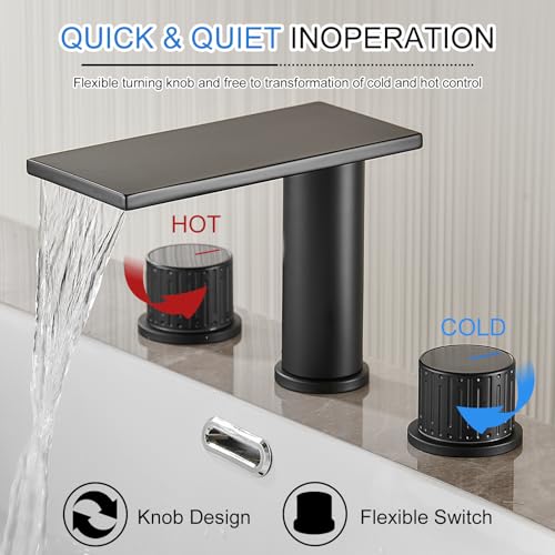 becola Black Bathroom Faucet 3 Hole, 8 inch Widespread Bathroom Faucet with Top Storage, Waterfall Bathroom Faucet，2-Handle Modern Vanity Faucet with Adjust Knobs and Two Supply Lines - color: Matte Black
