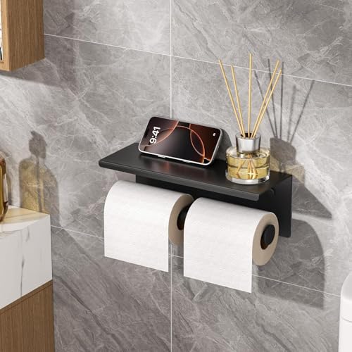 FORIOUS Toilet Paper Holder with Shelf, Commercial Toilet Paper Dispensers | Matte Black | Wall Mount Bathroom Tissue Holder | SUS304 Stainless Steel Rustproof | Double Tissue Roll Holder - color: Matte Black