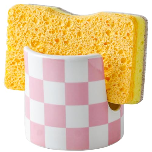 Kitchen Sink Checkered Sponge Holder, Dish Sponge Rack Cute Ceramic Brush Holder Organizer, Farmhouse Kitchen Decor Dish Rack for Brush, Scrubbers, Bathroom, Sink (Pink-white) - color: Pink-white