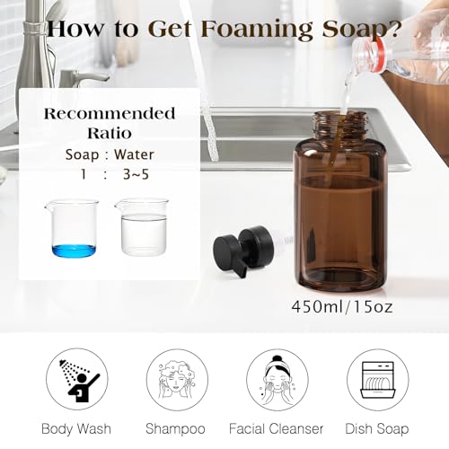 Luxspire 15oz Glass Foaming Soap Dispenser Set, Amber + Dark Gray, 2 Pack | Anti-drip pump, wide mouth easy refill, non-slip silicone base, 7 waterproof labels, refillable glass for hand dish soap - color: Brown