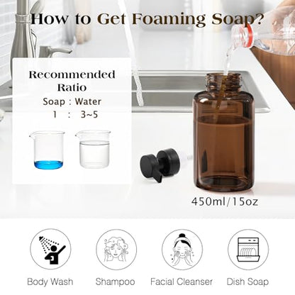 Luxspire 15oz Glass Foaming Soap Dispenser Set, Amber + Dark Gray, 2 Pack | Anti-drip pump, wide mouth easy refill, non-slip silicone base, 7 waterproof labels, refillable glass for hand dish soap - color: Brown