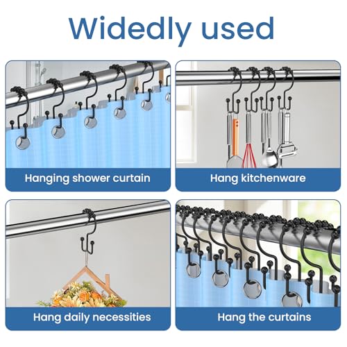 Black Shower Curtain Hooks Double Sided with Roller Balls | for Bathroom Rods, for Shower Curtain and Liner, Smooth Gliding, Rustproof Metal, Set of 12 Hooks - color: Black