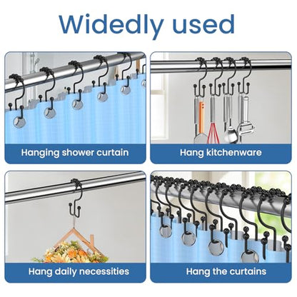 Black Shower Curtain Hooks Double Sided with Roller Balls | for Bathroom Rods, for Shower Curtain and Liner, Smooth Gliding, Rustproof Metal, Set of 12 Hooks - color: Black