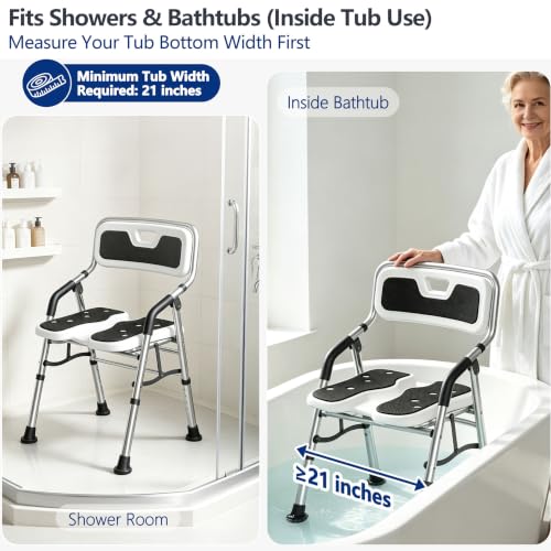 U-Shape Shower Chair for Inside Shower with Arms and Back | Folding Shower Chair with Adjustable Height, Tool-Free, Shower Chair for Elderly and Disabled, Pregnant, Handicap, FSA/HSA