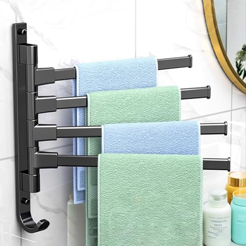 Towel Rack,180° Swivel Towel Rack,Advanced Materials Multi-Arm Towel Bar,Space Saving Wall Mounted Towel Holder with Hook,Rustproof Swing Out Towel Hanger for Bathroom,Kitchen(Black,4 Poles) - color: Black, size: 4 poles