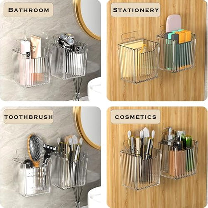 4 Pack Acrylic Wall Mount Organizer, Adhesive Cabinet Door Storage Bins, Clear Makeup Containers, Stackable Organizer Basket for Kitchen, Bathroom, Cabinet, Pantry, Office