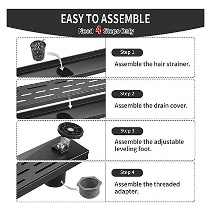 Linear Shower Drain, Matte Black Shower Drain 24 Inch with Removable Grate, SUS-304 Stainless Steel Rectangle Floor Drain with Leveling Feet and Hair Strainer, Bathroom Modern Drain SD-101 - color: Matte Black, size: 24 Inch