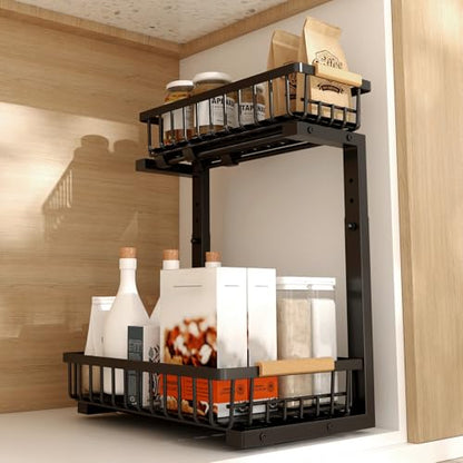 Under Sink Organizer, Under Sink Organizers and Storage, 2-Tier Pull Out Under Cabinet Organizer Storage Shelf, Metal Frame, Height Adjustable Rack for Bathroom Kitchen Pantry - style: Black, 1-Pack